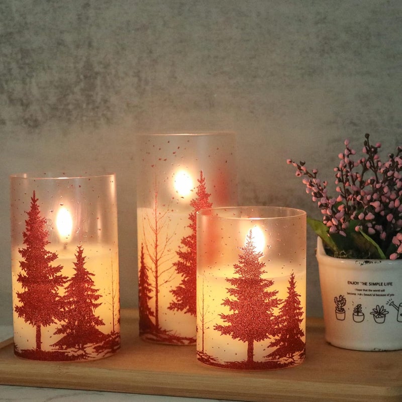 DRomance Christmas Tree Glass Flameless Candles with Remote Timer Battery Operated Real Wax 3D Wick LED Flickering Pillar Candles Christmas Holiday Decor(Red, 3 x 4,5,6 Inch) - Image 2